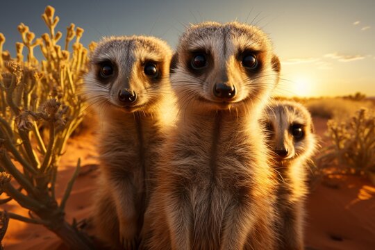 Family of meerkats standing guard in the desert, Generative AI