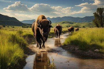 Herd of buffalo in the lush grasslands, Generative AI 