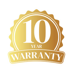 10 year warranty logo with golden shield and golden ribbon.Vector illustration.