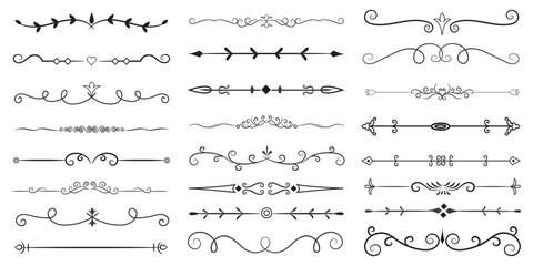 Fototapeta premium Page Divider And Design Elements. Set of Various Simple Black Divider Design, Assorted Divider Collection Template Vector. Collection of floral dividers elements mega decoration for Calligraphy.