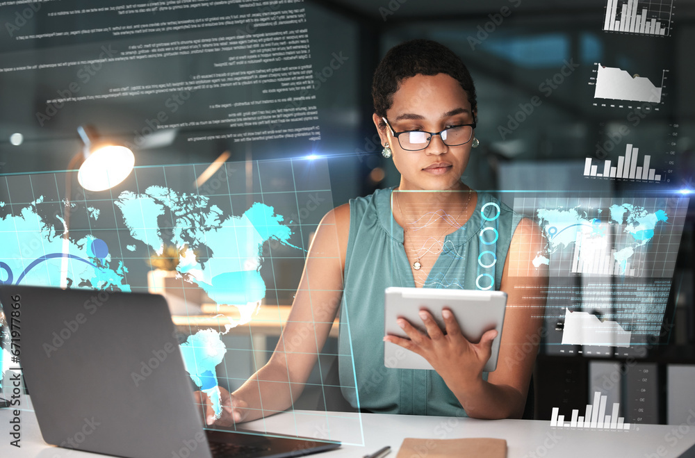 Poster Black woman with tablet, laptop and data overlay for erp innovation, research and programming in future technology. Futuristic global analytics, it software and developer for startup business website
