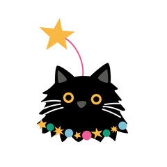 Cute cartoon black cat decorated as Christmas tree. Hand drawn vector illustration. Funny winter character card template.