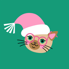Cute cartoon siamese cat wearing a pink Santa hat. Hand drawn vector illustration. Funny Christmas character card template.
