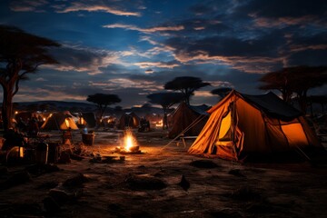 Safari campsite under a starry African night sky, Generative AI