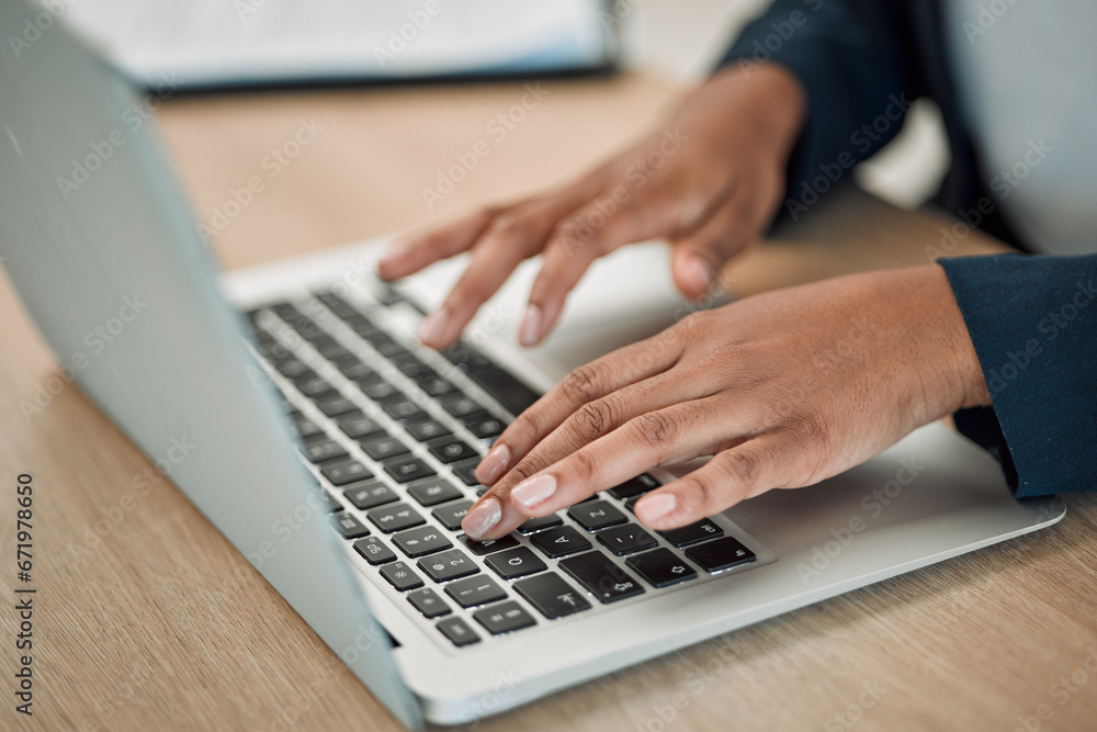 Poster hands, typing on laptop and person working on market research on startup, project or networking in e