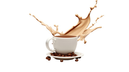 milk coffee splash in white cup with coffee beans, 3d illustration on white background 