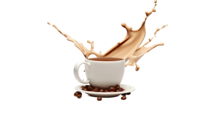 milk coffee splash in white cup with coffee beans, 3d illustration on white background 