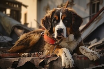 Rescue dog against the background of ruins AI
