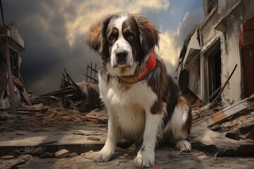 Rescue dog against the background of ruins AI