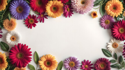 frame made of colorful flowers. Top view. Flat lay. Copy space for text.