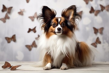 Photo of a dainty Papillon dog with its distinctive butterfly-like ears on a clean white sheet. Generative AI