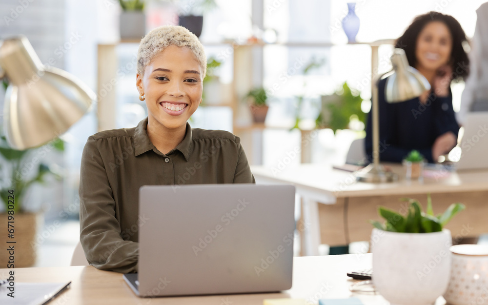 Poster portrait of black woman working on laptop for office startup, company workflow or editing website in