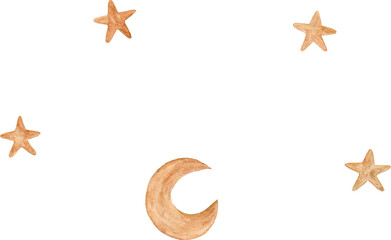 Watercolor golden star and a crescent moon.