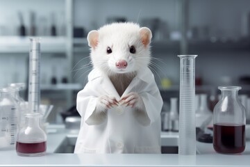 Photo of a Ferret in a lab coat, ready for a scientific experiment on a pristine white surface. Generative AI
