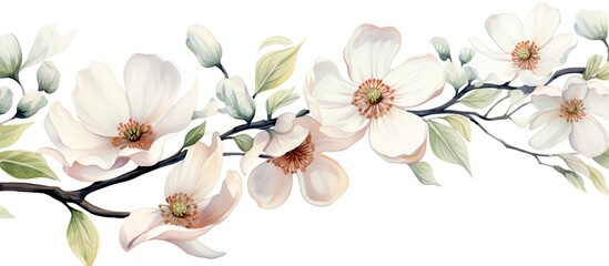 A watercolor illustration of a white flowering dogwood branch with a photo manipulation effect served as the graphic element for a wedding invitation design This decorative floral clip art  - obrazy, fototapety, plakaty