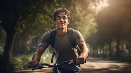 A young man and woman ride an exercise bike in the park. In the morning with soft sunlight Happily with a smiling face.