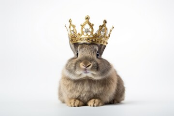 Photo of a fluffy rabbit wearing a crown as the "bunny king" on a white backdrop. Generative AI