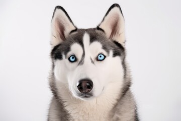 Photo of a fluffy Siberian Husky with striking blue eyes against a spotless white background. Generative AI