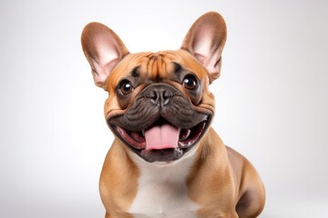 Photo of a French bulldog with a big, contagious smile on a clean white background. Generative AI