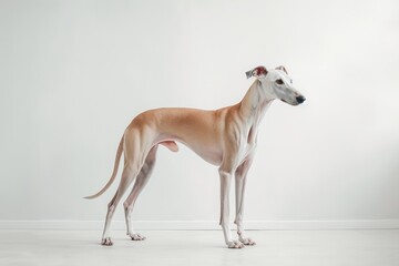 Obraz na płótnie Canvas Photo of a gentle Greyhound with its graceful posture on a pristine white surface. Generative AI