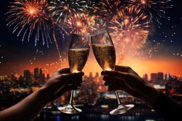 Toast with champagne on New Years Eve and firework in the background, AI generative - obrazy, fototapety, plakaty