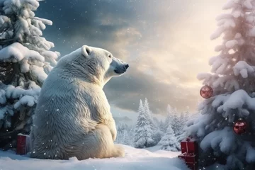 Fotobehang White polar bear in Santa clause hat in Christmas event .Generative AI © Phichitpon