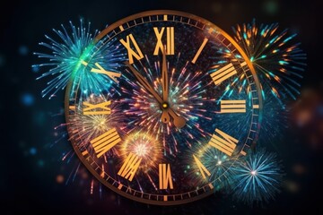 new year celebration countdown to midnight clock and fireworks. AI generative - obrazy, fototapety, plakaty