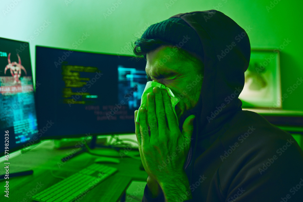 Aufkleber Man, crime or sick hacker with virus in office for coding, online fraud or computer cybersecurity at night. Tissue, thief or ill programmer blowing nose or working on software data scam with fever