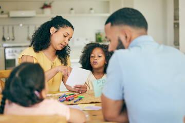 Fototapeta premium Home education, parents and teaching kids for family support, knowledge and reading project together. Mother, father and children learning for creative development, growth and helping for studying