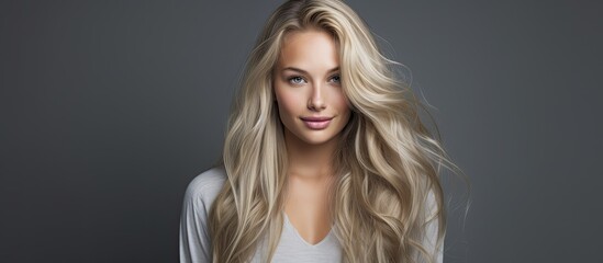 Gorgeous young lady with stunning flowing blonde locks set on a muted gray backdrop - obrazy, fototapety, plakaty
