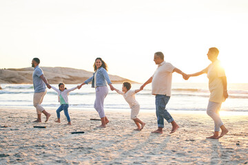 Love, family walking and holding hands on beach in summer for vacation with sunshine or sea....