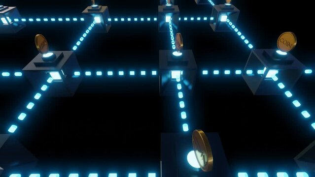Decentralized Finance (DeFi) is a new financial paradigm that leverages distributed ledger technologies. Glowing boxes with gold coin 3d rendering
