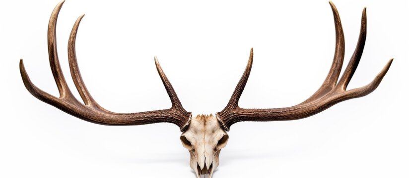 An isolated white background displays an ancient skull of a reindeer