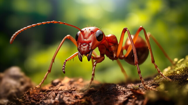 Macro image style, killer red ant close up in its natural habitat highly detailed, 4k, 3d, natural background.