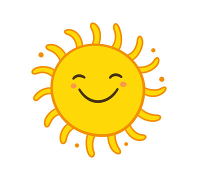 Doodle sun icon. Hand drawn smile yellow sun with rays symbol. Doodle children drawing. Hand drawn star character. Hot weather sign. Vector illustration isolated on white background.