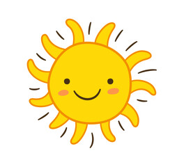 Doodle sun icon. Hand drawn smile yellow sun with rays symbol. Doodle children drawing. Hand drawn star character. Hot weather sign. Vector illustration isolated on white background.