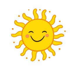 Doodle sun icon. Hand drawn smile yellow sun with rays symbol. Doodle children drawing. Hand drawn star character. Hot weather sign. Vector illustration isolated on white background.
