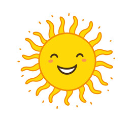 Doodle sun icon. Hand drawn smile yellow sun with rays symbol. Doodle children drawing. Hand drawn star character. Hot weather sign. Vector illustration isolated on white background.
