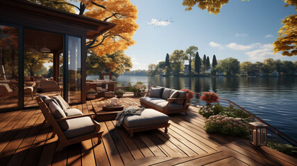 waterfront wooden deck, charming terrace with lounge zone and lake view om sunny autumn day - obrazy, fototapety, plakaty