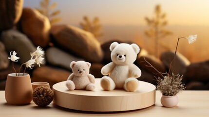 Cut 3D minimal Round podium with bears on background. Mock up template for product presentation. copy text space.