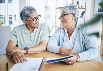 Old couple, smile and financial planning with documents in home for pension, savings or tax....