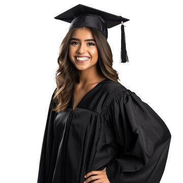 portrait of a Hispanic student graduated from university college study, png isolated on a white or transparent background; Latin girl female adult graduate smiling wearing gown and cap hat