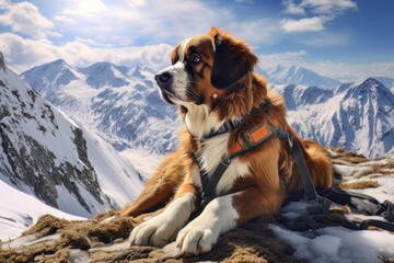 Rescue dog in the mountains AI - obrazy, fototapety, plakaty