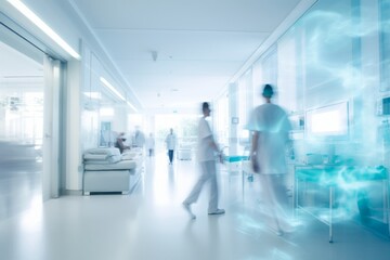 Abstract medical people in white blue hospital corridor and ward room background with motion blur person. - obrazy, fototapety, plakaty