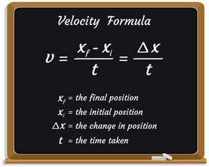 Velocity Formula on a black chalkboard. School. Vector illustration.