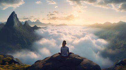 Woman meditating on the top of the mountain  - obrazy, fototapety, plakaty