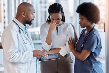 Sad, medical and tablet with doctor and woman in hospital for results, consulting or empathy....