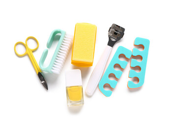 Set of professional tools for pedicure with nail polish isolated on white background