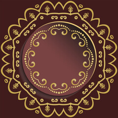 Round vector frame with floral elements and arabesques. Pattern with arabesques. Brown and golden greeting card