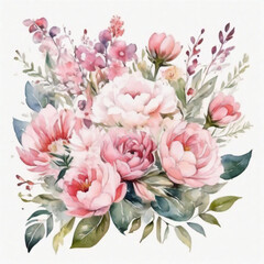 Pink flowers bouquet. Watercolor clipart. Ai generated illustration.
